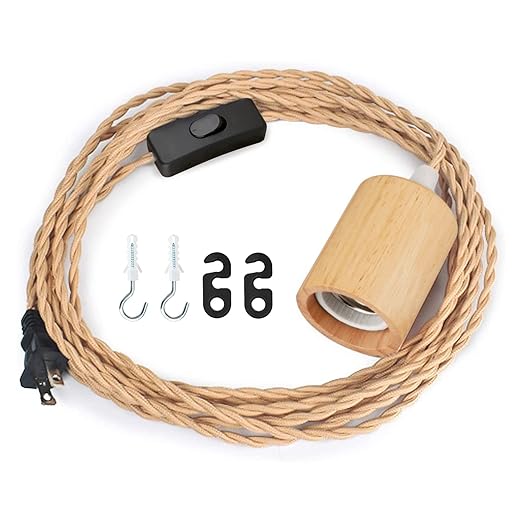 15FT Wood Pendant Light Cord Kit, Swag Hanging Lamp Kit with Plug In & Switch, Hanging Lights DIY Farmhouse Industrial E26 Socket Pendant Light Fixtures Vintage 15ft Twisted Cloth Covered Wire