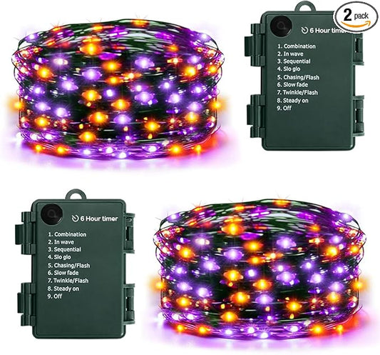 KOUQIYA Halloween Fairy Lights 2 Pack, 16.4ft 50 LEDs Battery Starry Light with Timer 8 Modes Waterproof Mini Lights for Outdoor Indoor Garden Party Decor (Orange Purple, 50 LEDs x 2 Pack)