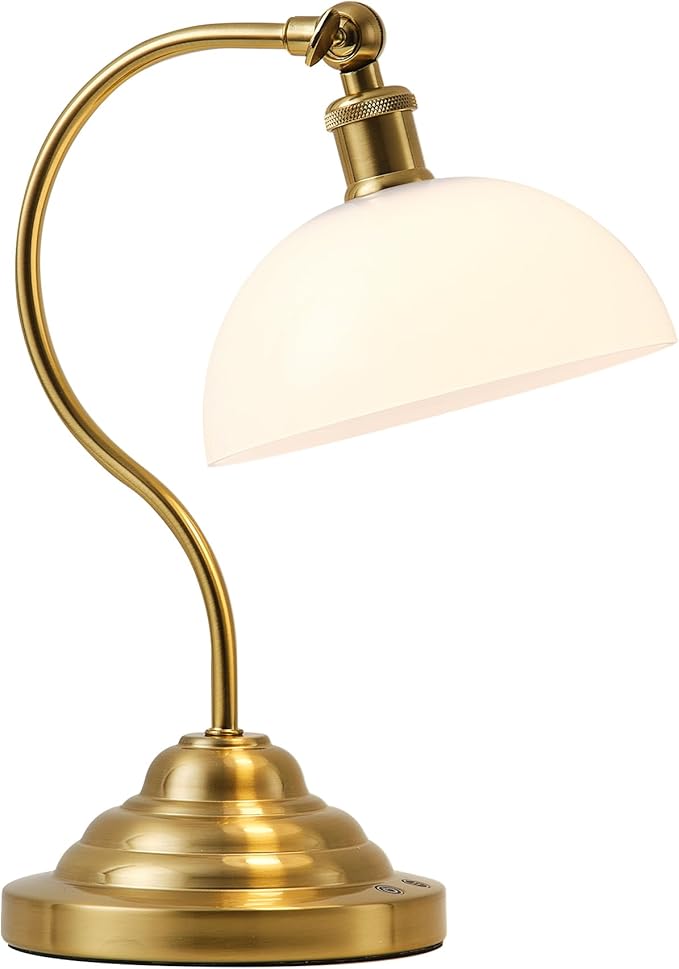 Cordless LED Table Lamp, Battery Operated Desk Lamps with Swing Arm & Plastic Shade, Vintage Small Rechargeable Dimmable Light for Bedroom, Living Room, Nightstand, Brass/White