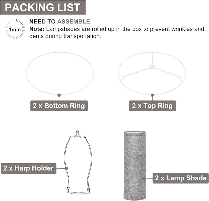 Tall Drum Lamp Shades Set of 2, Gray Lampshade for Table Lamp Floor Lamp, 10"Top x10" Bottom x 13"High, Replacement Lampshades Natural Linen Handcrafted, Spider, Harp Holders Included, Easy Assembly