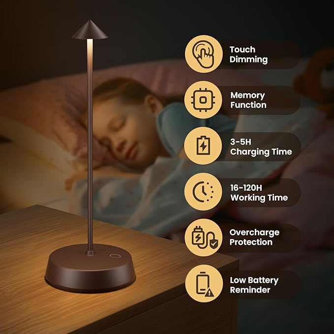 Cordless Table Lamps Rechargeable, 6000mAh LED Battery Operated Desk Lamp, Portable Outdoor Waterproof Touch Stepless Dimmable Wireless Table Light for Dining Restaurant Home Patio (Brown-1PC)