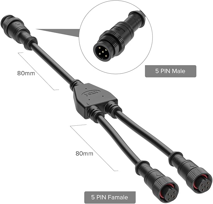 BTF-LIGHTING 5 Core 5 pin Big Size IP67 Y Shape 1 Male-Divided-2 Female Spillter Connctor Black Plastics 0.32mm²/22AWG 22mm Metal Metal Nut Support All BTF-LIGHTING 5 pin Big Size IP67 Connectors