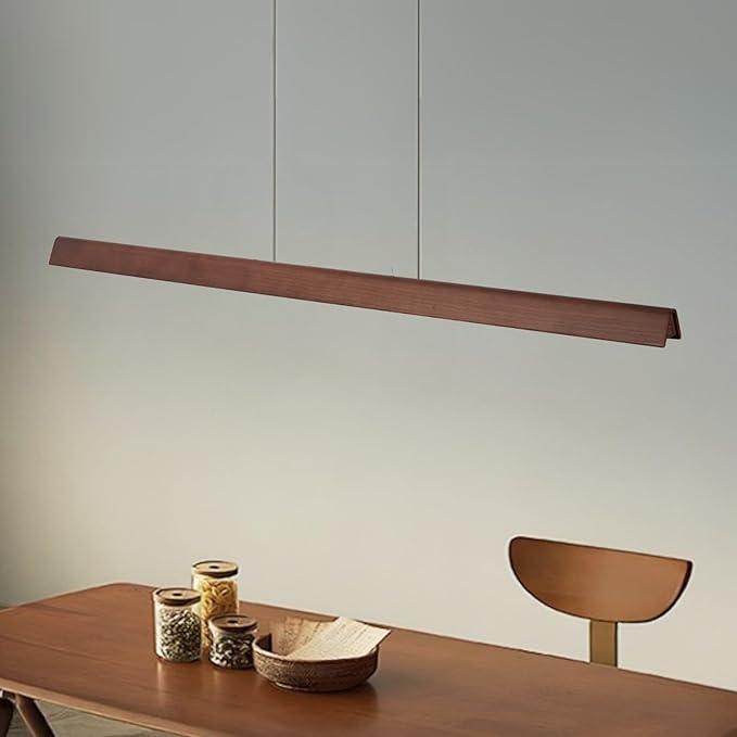 43" Wood Linear Pendant Light, 24W Hanging Pendant Light, Dimmable Modern Led Pendant Lighting, Adjustable Wood Linear Chandeliers for Dining Room, Kitchen Island, Bar, Pool Table-Walnut