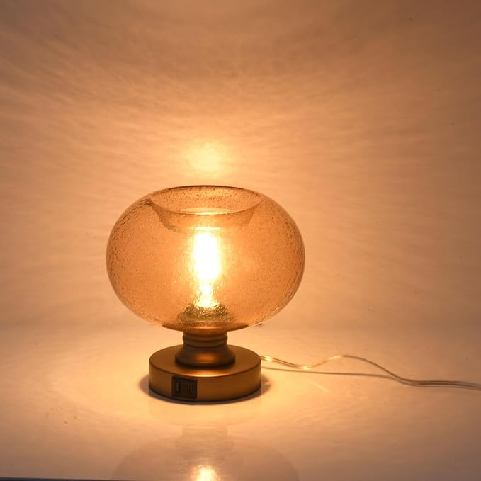 Mid Century Glass Table Lamp,Dimmable Desk Lamp,LED Bulb Included,Touch Control & USB A+C Port,Cognac Amber Seeded Glass