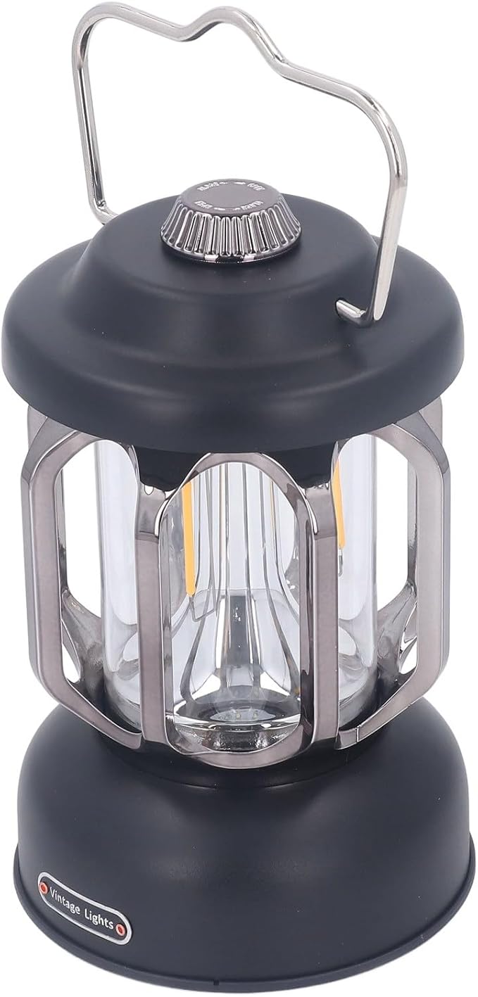 Retro Camping Lantern, Rechargeable LED Tent Lamp with 3 Light Modes, Dimmable Vintage Camping Light with Hook, USB Type C Portable Lantern for Garden Outdoor (Black)