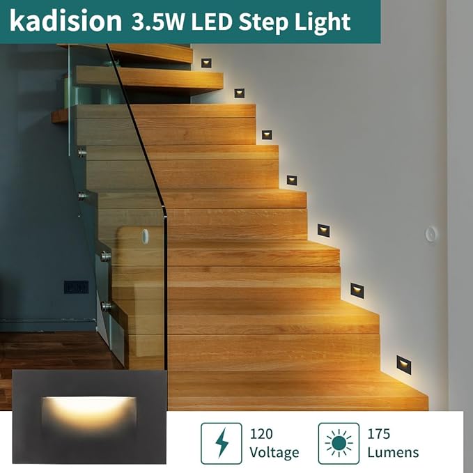 kadision 120V Dimmable LED Step Lights, 3000K/4000K/5000K Selectable, 3.5W 175lm Indoor Outdoor Stair Lights, Aluminum ORB Finish, 12 Pack