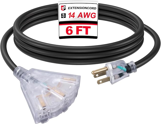 EP 6 Ft Lighted Outdoor Extension Cord with 3 Electrical Power Outlets - 14/3 SJTW Heavy Duty Black Extension Cable with 3 Prong Grounded Plug - Power Cord for Lawn, Garden, Appliances