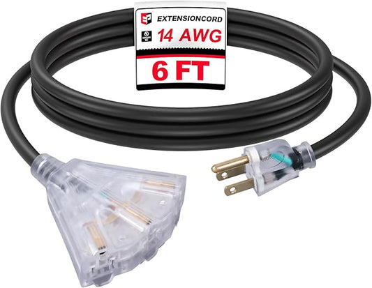 EP 6 Ft Lighted Outdoor Extension Cord with 3 Electrical Power Outlets - 14/3 SJTW Heavy Duty Black Extension Cable with 3 Prong Grounded Plug - Power Cord for Lawn, Garden, Appliances