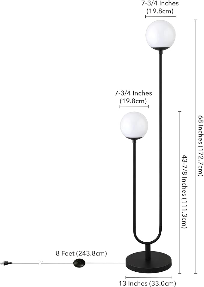 Henn&Hart 68.5" Mid-Century Modern 2-Light Floor Lamp with White Milk Glass Globe Shade for Living Room, Bedroom, or Office, Black