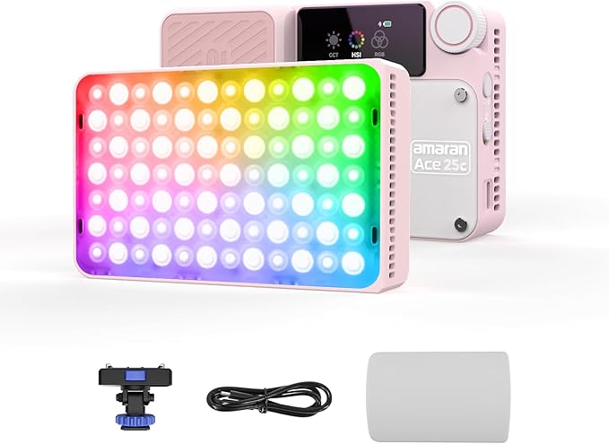 amaran Ace 25c Video Light,25w RGB Portable Light for Photography On-Camera Video Lights CRI/TLCI 95+,CCT 2,300K-10,000K,Rechargeable Dimmable Vlog Light,APP Control,PD Charging (Pink)