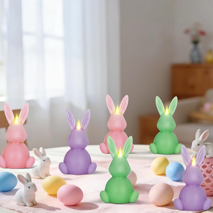 Leorate 6PCS Easter Bunny Flameless Candles – 7.5" Battery Operated LED Rabbit Candles with Flickering Flame, Green Purple Pink Real Wax Finish for Easter Decor, Table Centerpiece & Spring Home