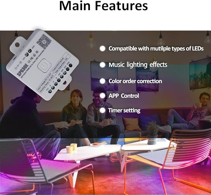 SP630E LED Controller – Bluetooth Led Controller for Single-Color or IC-Driven Strips Control for WS2811/WS2812B/SK6812, PWM SPI-TTL Support (5V-24V Wide Voltage)