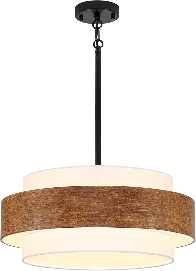 19.7'' Farmhouse Chandelier, 5-Light Drum Chandelier Round Pendant Light Fixture with Fabric Shade, Wood Grain Rustic Chandeliers for Dining Room Bedroom Living Room Foyer Entryway