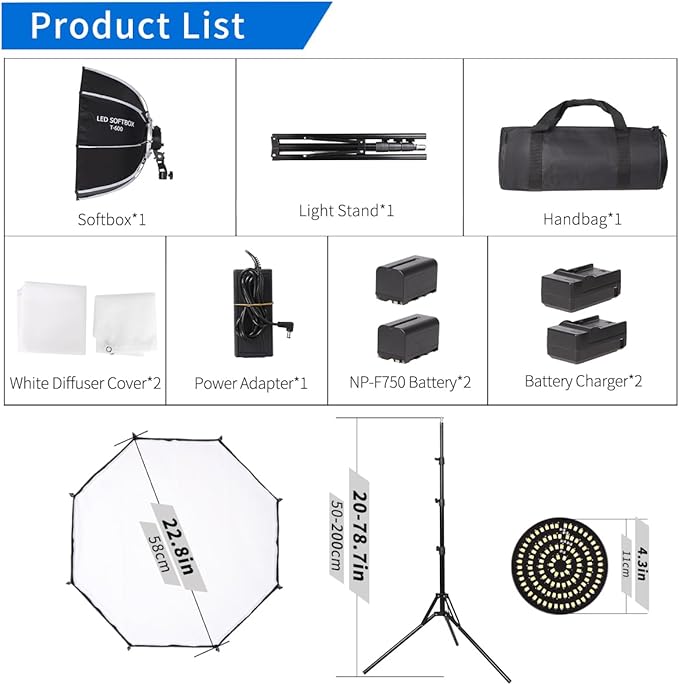 Octagonal Softbox LED Photography Light Kit with Rechargeable Battery for Continuous Lighting for Studio or Outdoor Portrait Product Photography, YouTube Video Recording
