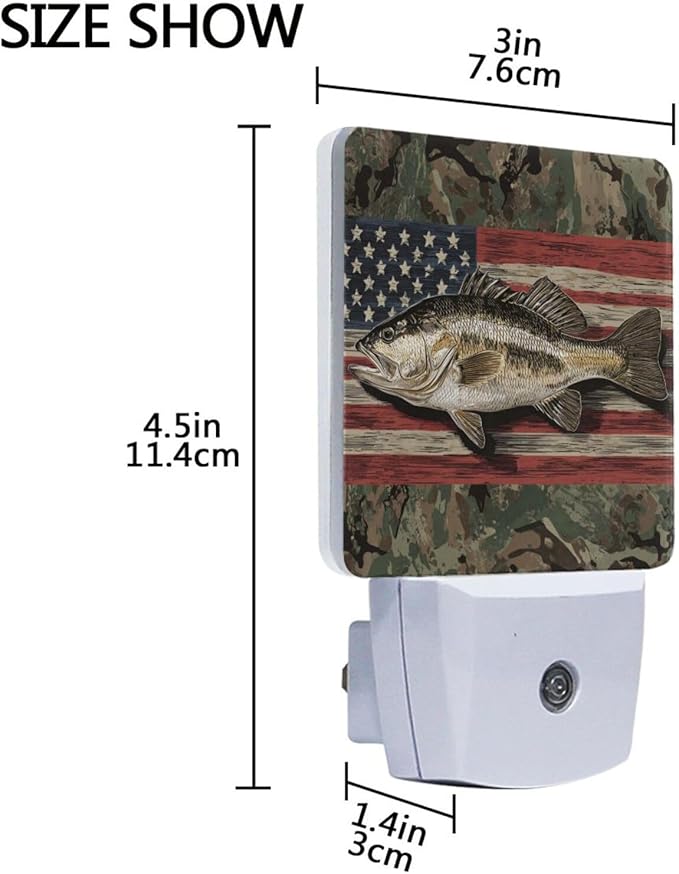 Camo Fish Night Light 2 Pack Dusk to Dawn Sensor Led Lamp for Women Retro American Flag Men Night Lights Plug into Wall Decor for Bedroom Kitchen Bathroom Corridor, 0.5W