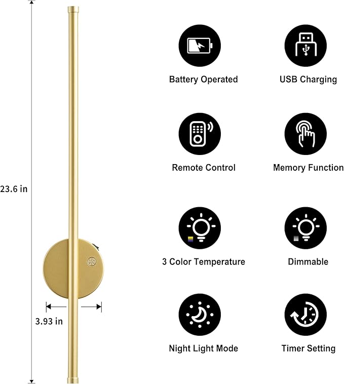Motion Sensor Battery Operated Wall Sconce Set of Two - Modern Rechargeable Wireless Wall Lights with Remote Control, Dimmable, 3000K/4000K/6000K, Timer for Living Room, Hallway,23.6 Inch, Gold