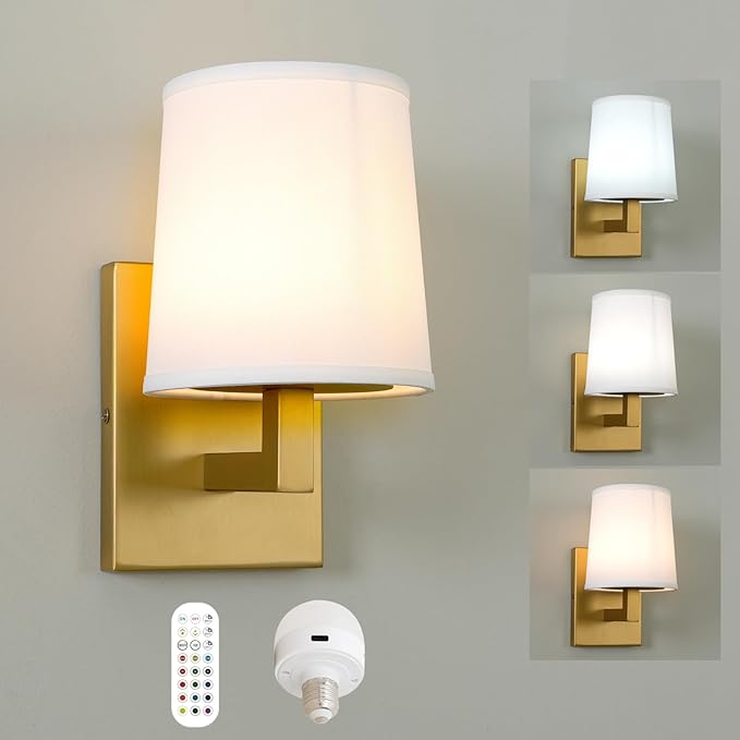 HEQIQEH Vintage Rechargeable Battery Powered 1-Light Fabric Wall Sconce, Dimmable Cordless Wall Mounted Lamp Fixture with Remote Control for Living Room Bedside Dining Room Hallway