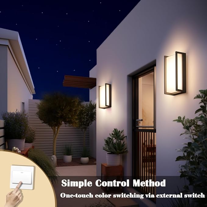 Modern Exterior Lighting Fixtures, 3-Color Temperature Front Porch Light fixtures, IP65 Waterproof Wall Sconce,18W Rectangular Black Outdoor Wall Lights for House Walkway Stair Garage