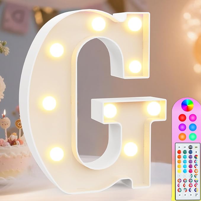 Pooqla Colorful Light Up Letters with Remote, Upgraded 35 Colors LED Marquee Letters, RGB Lighted Letter for Girls Teenager Gift, Birthday, Party, Wedding, Night Light, Room, Bedroom Decor, Letter G