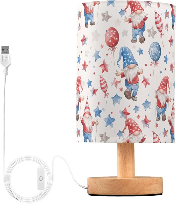 4th of July Funny Gnomes Table Lamp for Bedroom USB Port Lamps Small Accent Table Lamp Nightstand Lamp Study Linen Shade with Wooden Base, Decorative Lamps for Bedside Reading|Kids|Dorm|Home