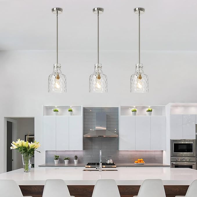 WILON Modern Glass Pendant Lighting for Kitchen Island, Farmhouse Pendant Lights for Dining Room Kitchen Sink, Adjustable Hanging Ceiling Light 7" Hammered Glass Shade, Brushed Nickel Metal Finish
