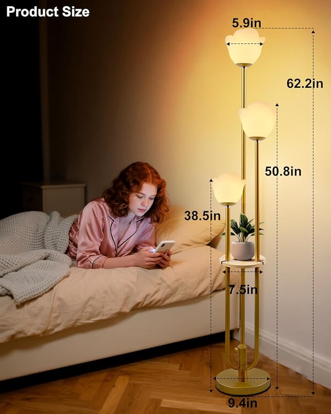 Lightdot 63IN Floral Floor Lamp 3-Lights Flower LED Floor Lamps with 3000K Warm White Bulbs Included for Wedding Party Modern Gold Tall Floor Lamp for Living Room/Bedroom/Sofa Beside/Corner Decor