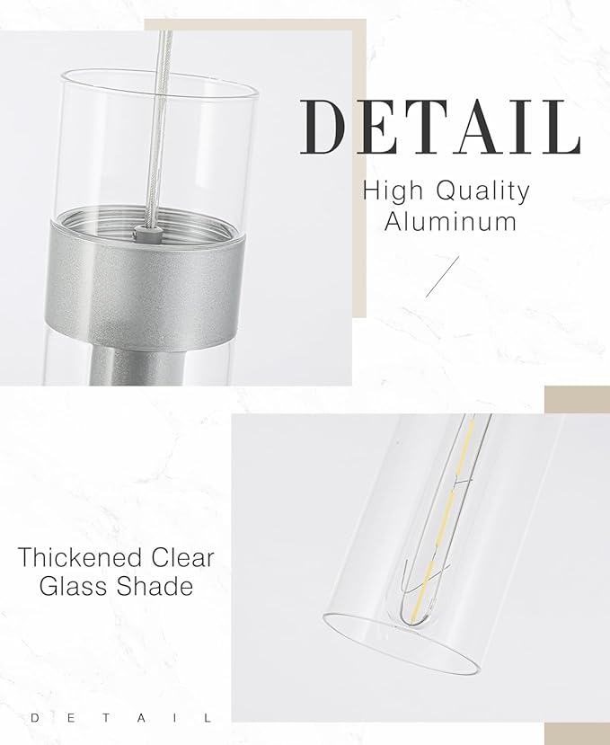 2 Pack Pendant Lights Kitchen Island (Bulbs Included), Brushed Nickel Adjustable Modern Glass Pendant Light Over Island, Industrial Pendant Light Fixtures for Dining Room Hallway Bedroom Living Room