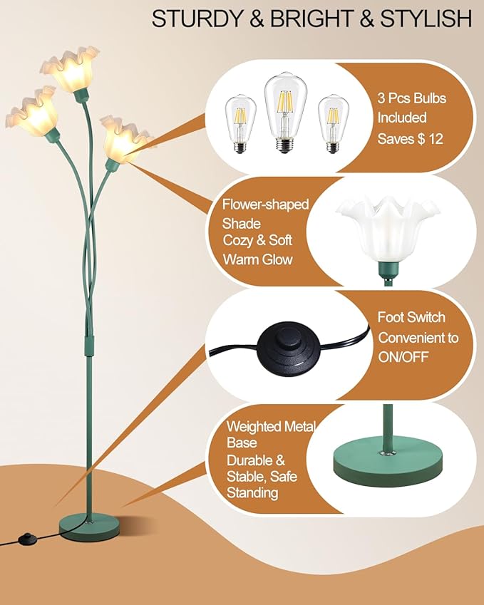 Lightdot Flower Floor Lamp for Living Room Modern Tree Floor Lamp with DIY Branch Goosenecks, Spring Green 3-Light Standing Lamp with Bulb Included for Bedroom/Kids Room/Sofa Beside/Corner Decor