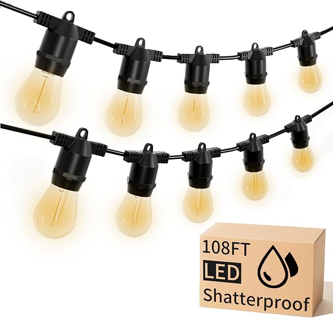LED Outdoor String Lights, Shatterproof Waterproof 108Ft (Maximum 918Ft) Hanging Warm 2700K S14 Edison Bulbs Lighting for Patio Yard Porch Bistro Garden (108FT)