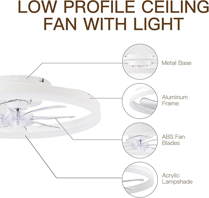 STERREN Ceiling Fans with Lights,20" Low Profile Ceiling Fan with Remote Control, Modern Flush Mount Ceiling Fan,White Fan Light for Bedroom, Living Room,Kitchen,Small LED Ceiling Light Fixture