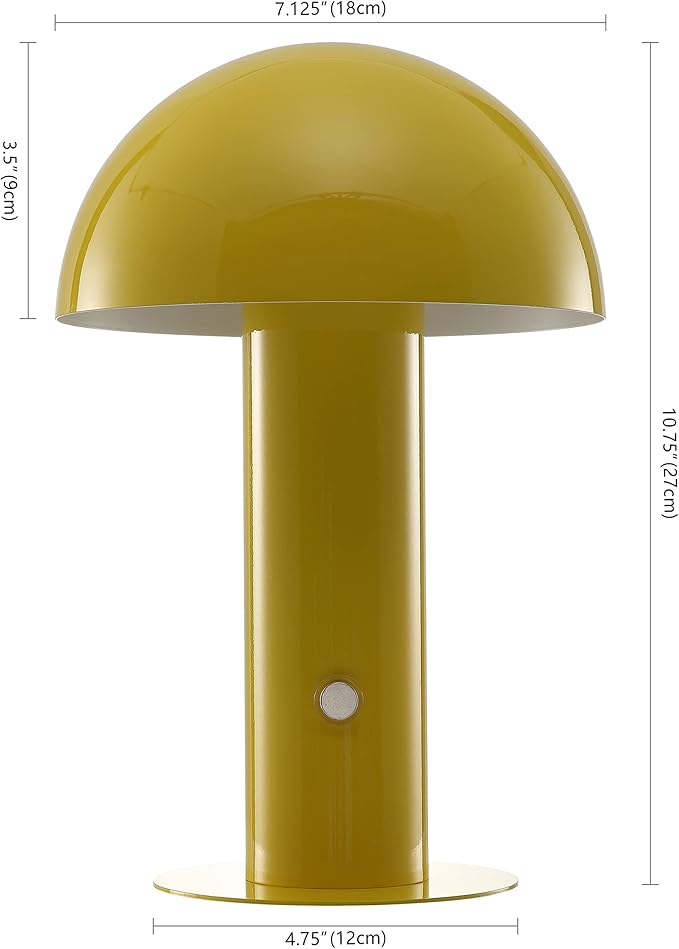 JONATHAN Y 10.75" Yellow Rechargeable LED Mushroom Table Lamp, Cordless Portable Bedside Lamp for Living Room Bedroom, 3-Way Dimmable Modern Iron Desk Light, Metal Shade (JYL7115C)