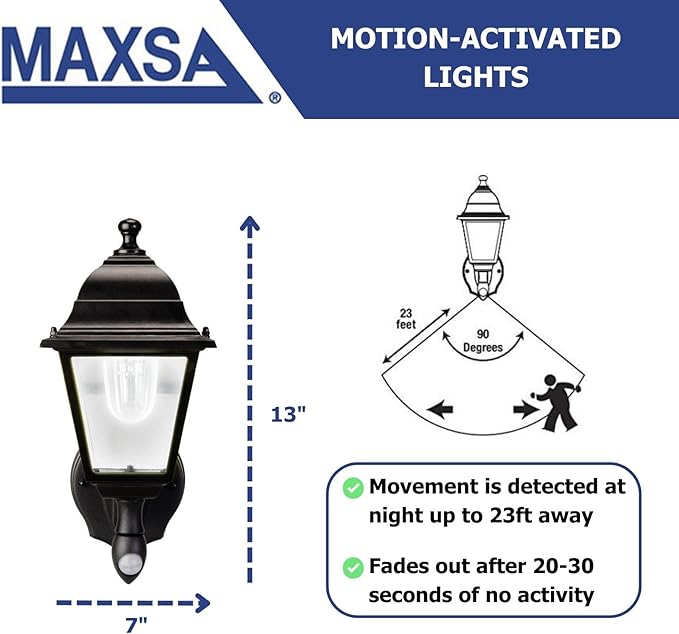Maxsa 44219 Premium Wireless Battery-Powered Motion-Activated Decorative Outdoor Wall Sconce Lighting Fixture, Cool White LED, Metal Housing, Black (Pack of 4)