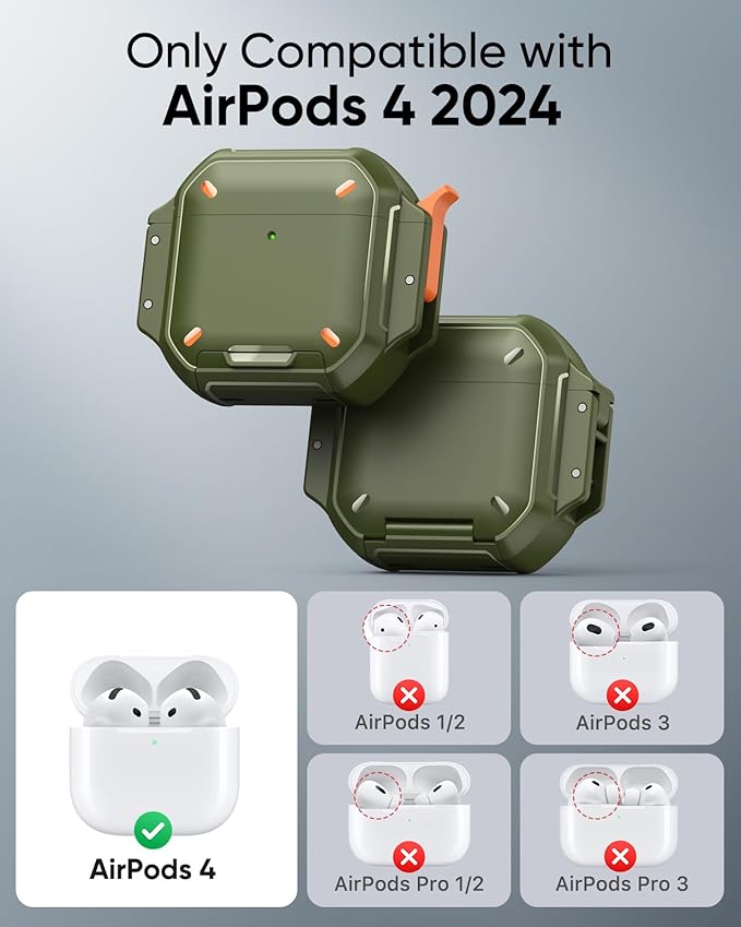 MoKo for AirPods 4th Case with Lock - IP68 Waterproof & Military-Grade Protection, Drop-Proof Hard Shell Protective Earpods 4 Cover with Keychain, Cleaner Kit & Phone Stand, Army Green