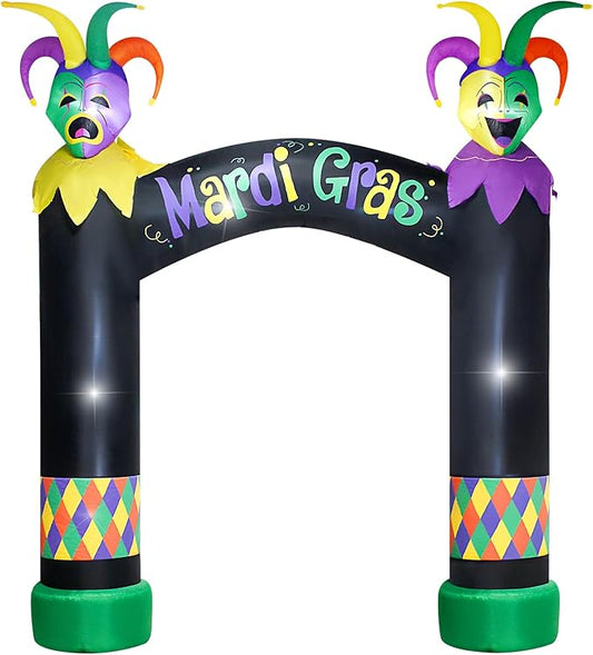 10FT Mardi Gras Inflatable Arch with LED Lights - Easter Blow Up Outdoor Decoration, Jester Mask Archway for Party/Yard/Garden/Lawn, Built-in Sandbags & Easy Set up