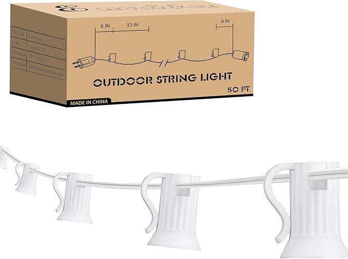 50FT C7 Light String Christmas Stringer, E12 Christmas Sockets 12" Spacing, C7 Stringer Set Green Outdoor String Light for Wedding Patio Event Lighting Decor, White Wire