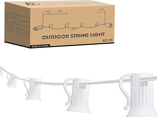 50FT C7 Light String Christmas Stringer, E12 Christmas Sockets 12" Spacing, C7 Stringer Set Green Outdoor String Light for Wedding Patio Event Lighting Decor, White Wire