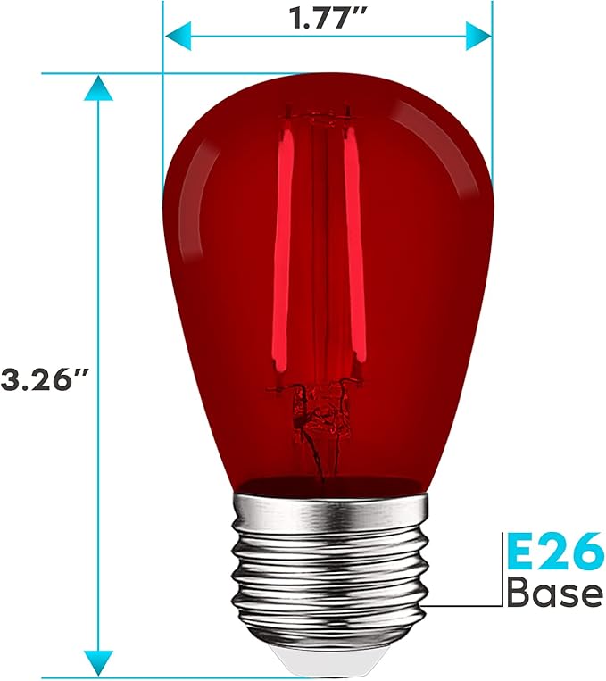 LUXRITE 12-Pack S14 Edison LED Red Light Bulbs, 0.5W, Colored LED Bulbs for Outdoor String Lights, UL Listed, E26 Base, Indoor Outdoor, Decoration, Party, Holiday, String Light Replacement Bulbs