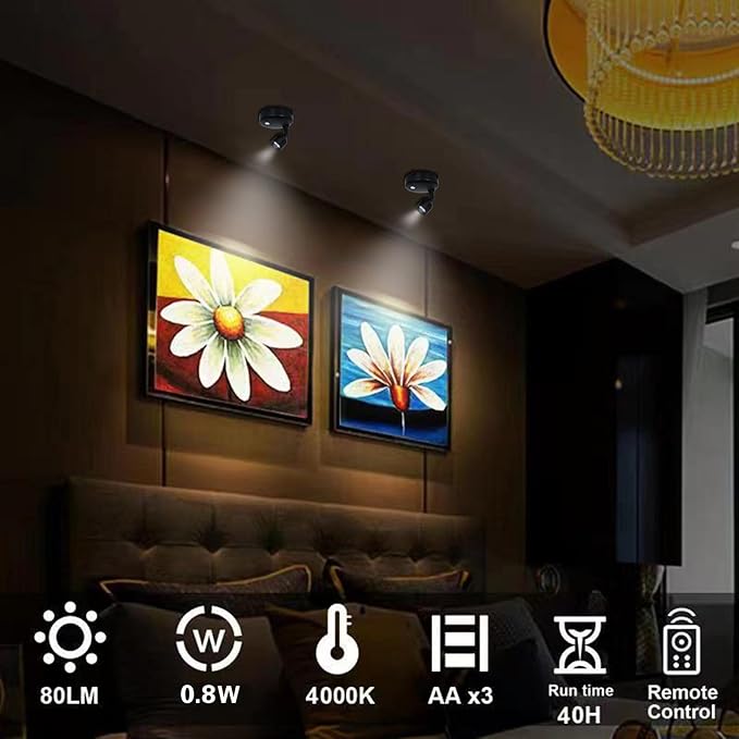 LED Spotlight, Battery Powered Picture Lights, Uplighting Indoor, Puck Lights with Remote, Small Spot Light for Wall Display Dartboard Painting Artwork Closet-Natural White