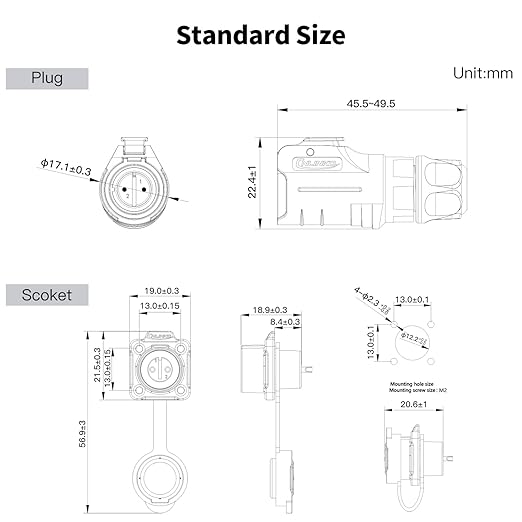 CNLINKO LP-12 2 Pin Connector IP68 Waterproof Circular Electrical Plug for Outdoor Equipment Solar Industrial Machinery DC 12V Flange Mount Metal-Reinforced Kit (2-Pin)