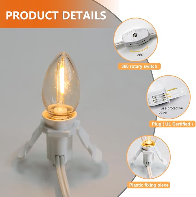 3 Base C7 String Bulbs Christmas Village Light Accessory Cord with 3 LED Light Bulb Universal Clip White Cord with On/Off Spare Fuse Switch Plugs for Decorations Christmas Village House
