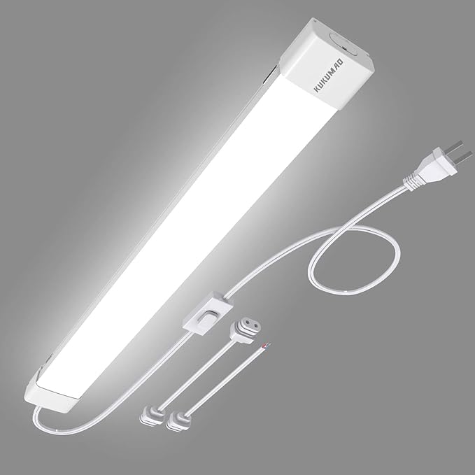 KUKUMAO 5000K Plug-in LED Tube Light Fixture, 18W Linkable Cabinet Light for Garage, Kitchen, Bathroom, Closet, Office - 2Ft, Triproof, White