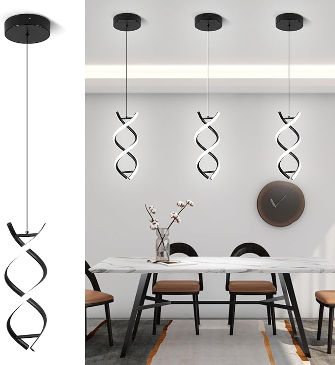 CANEOE Spiral Led Pendant Light Fixture,15W 6000K Modern Integrated LED Hanging Lamp, Adjustable Height Black Kitchen Island Light Fixture for Dining Room Bedroom Kitchen Sink, 1 Pack (Black)