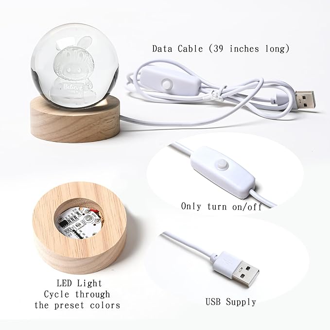 3D Easter Bunny Crystal Ball Night Light-Cute Bunny Gift, 2.4Inch Laser Engraved Glass Sphere with USB LED Base, Crystal Night Lamp for Bedroom Desk