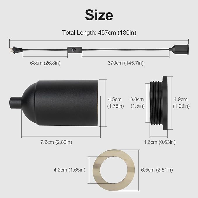 Plug in Pendant Light Cord with Switch,Braided Hanging Lamp Kit with Ceramic Bulb Socket,DIY Lamp Shade Replacement Cord,Swag Light kit Fixture Fabric Wrapped Cable 15ft Black
