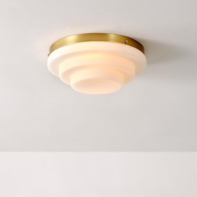 GLOBE Electric 66000081 2-Light Flush Mount Ceiling Light, Matte Brass Finish, Tiered White Milk Glass Shade, E12 Base, Dimmable