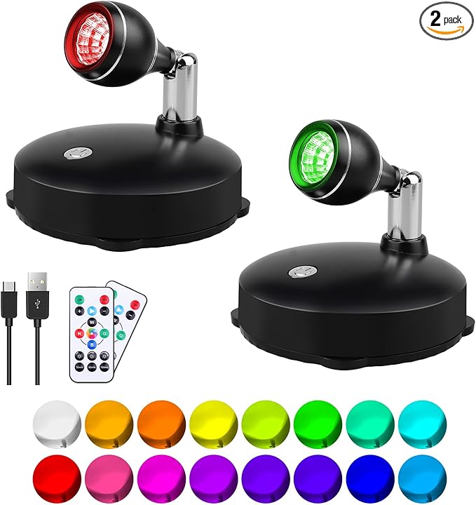LEASTYLE Wireless Spotlights Rechargeable Sopt Lights Indoor with Remote,16 Color Changing Battery Operated Spot Light with Timer Dimmable Accent Light,2 Pack,Black