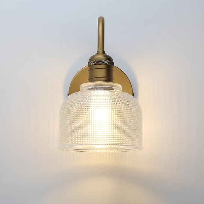 Yosoan Brass Gold Vintage Wall Sconce with Striped Shade, 1-Light Modern Vanity Light Industrial Single Wall Mounted Hardwired Bowl Texture Glass Shade for Living Room Bedroom Kitchen Hallway(Antique)