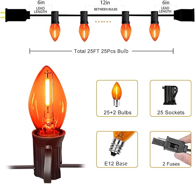 C7 Orange Halloween Lights Outdoor, 25FT LED String Lights with 25 Bulbs, Waterproof Fall Thanksgiving Decor for Patio, Fence, Tree, Party