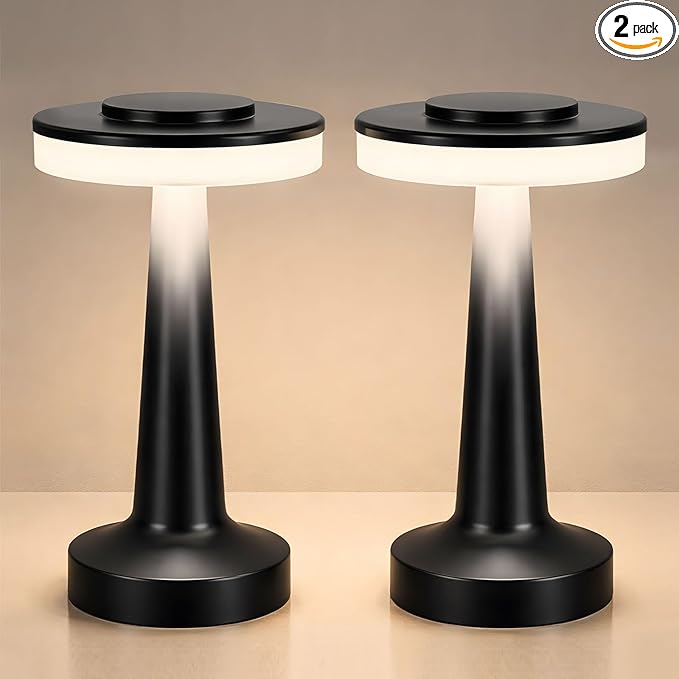 Riakrum 2 Pcs LED Portable Cordless Table Lamp with Touch Sensor 3 Color Stepless Dimming Rechargeable Battery up to 15 Hours Cordless Table Light Wireless Lamp for Nursery (Black)