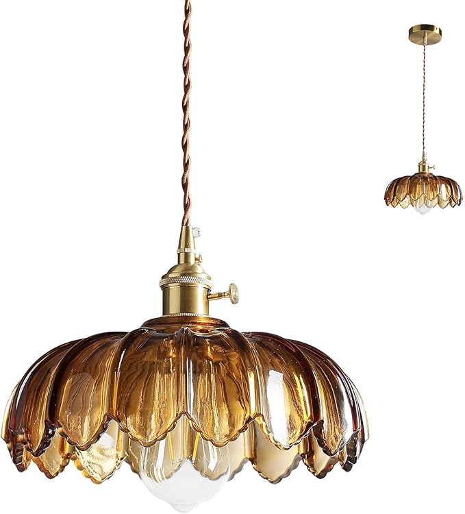 Pendant Lights Kitchen Island: Amber Glass Hanging Light Fixture with Rotating Switch, E26 Base - Modern Lighting for Dining Room, Bedroom & Living Room